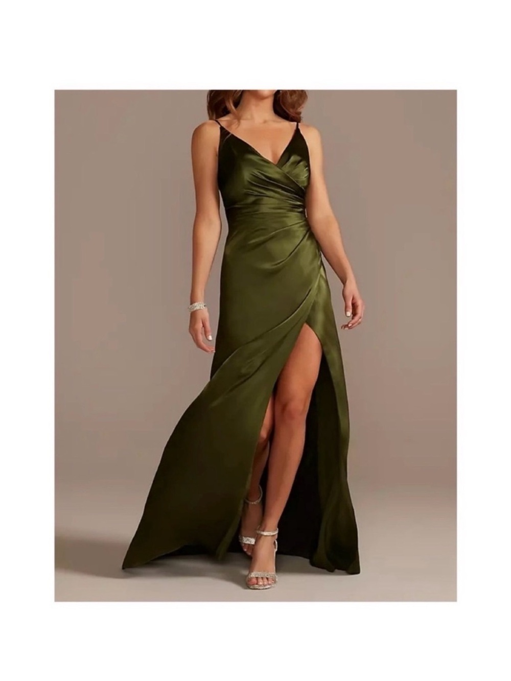 Olive Green Strapless Satin Gown with Draped Wrap Skirt